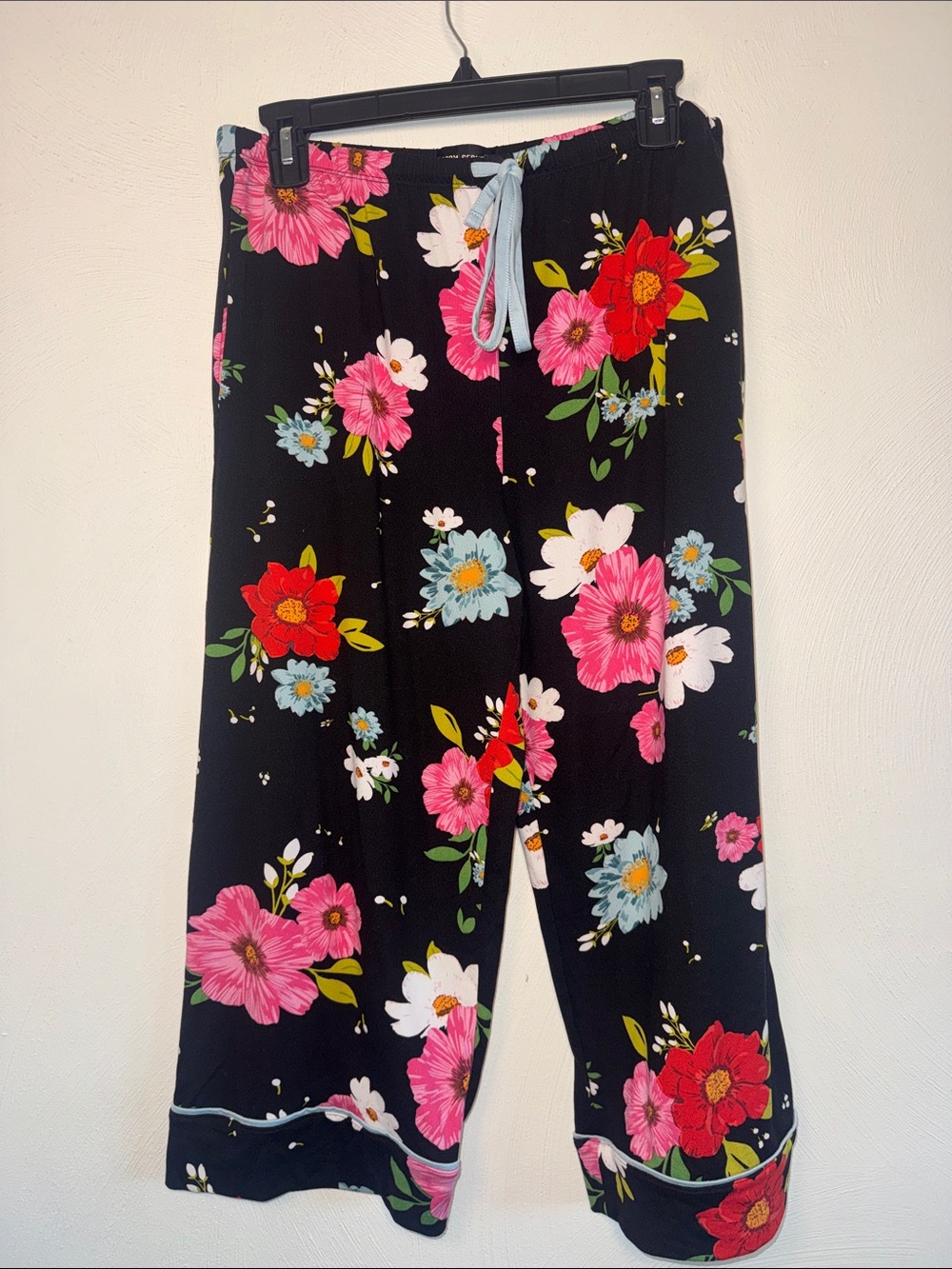 Floral Pajama Pants - Black with Pink, Red & White Flowers